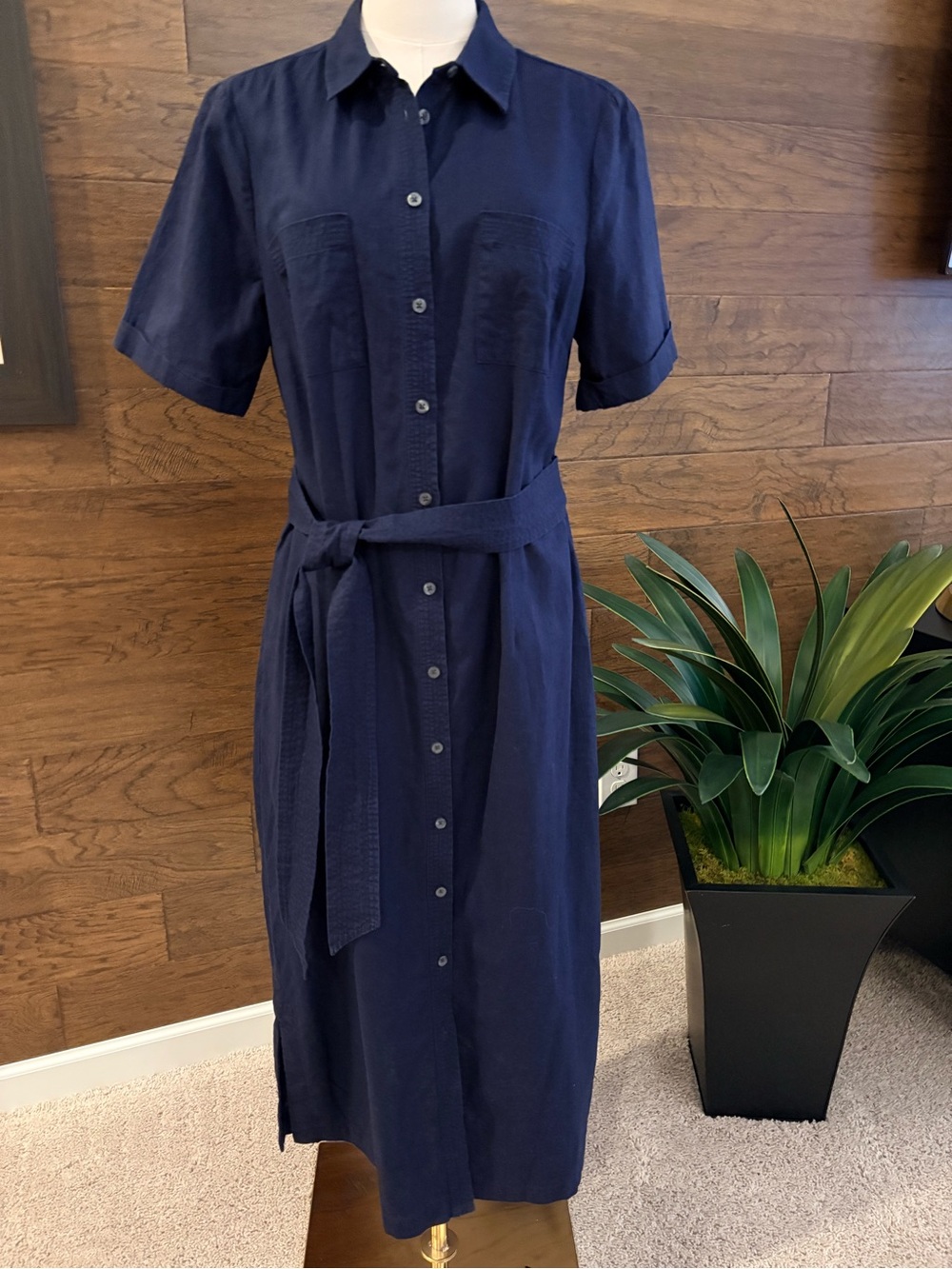 Boden Navy Button-Front Shirt Maxi Dress with Waist Tie Linen Blend Size 10L